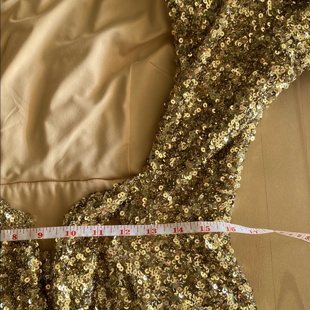 Gold Sequin Midi Dress with Puff Sleeves and High Neck - Picture 14 of 15
